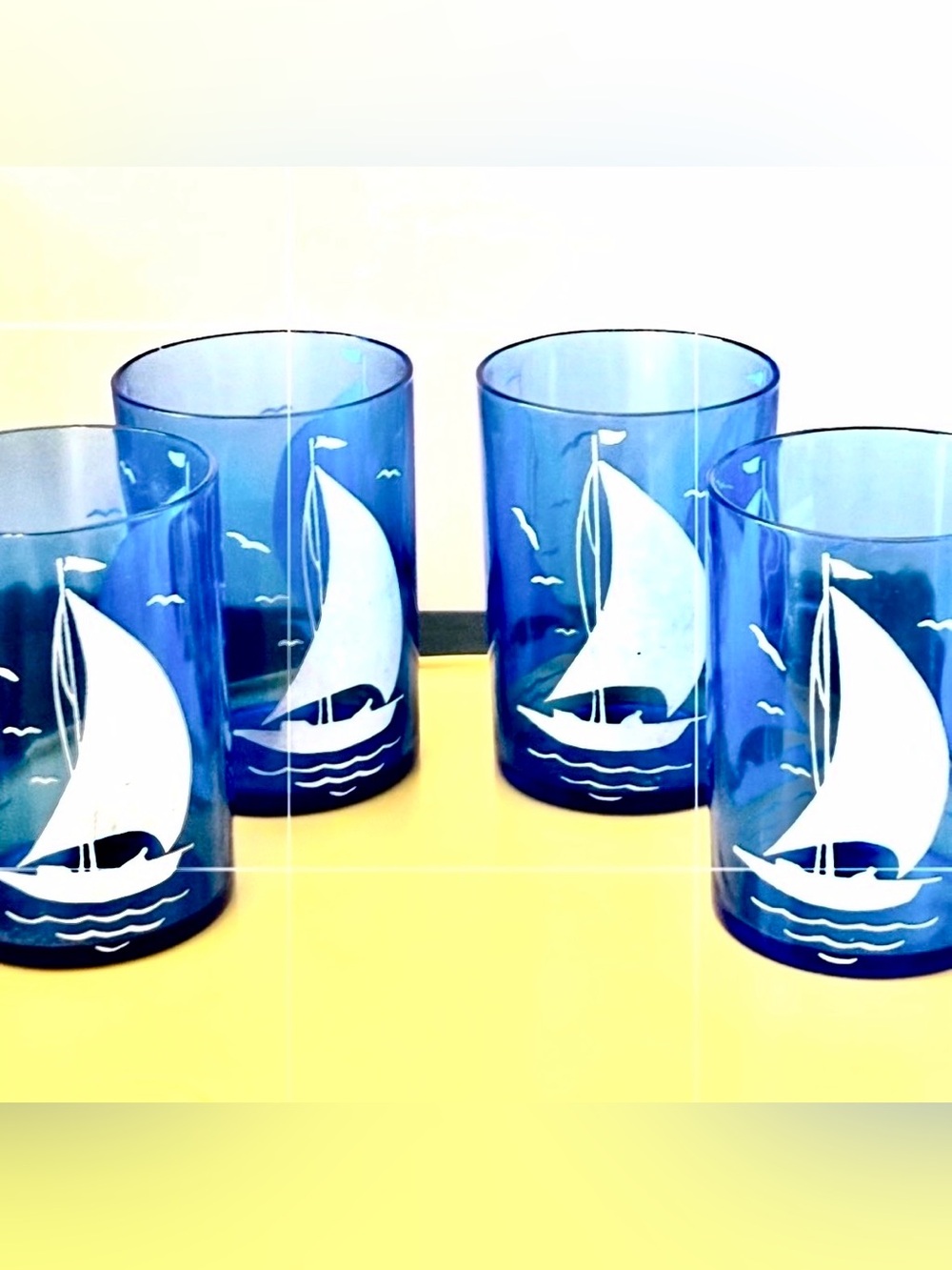 Hazel Atlas Blue Cobalt Sailboat Glasses - Set of 4 Coastal Nautical Depression